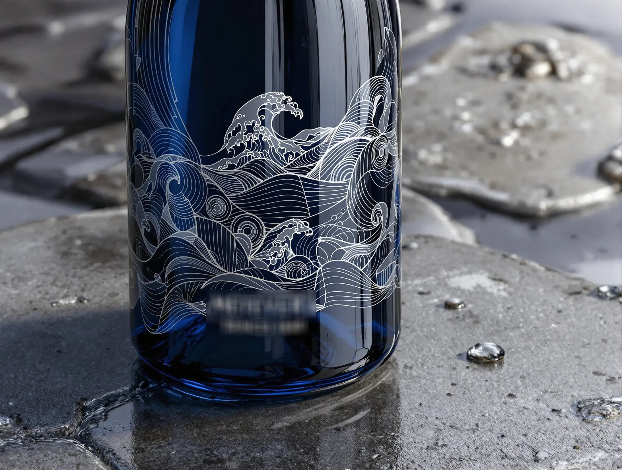 Bouteille gravée avec motif de vagues japonaises